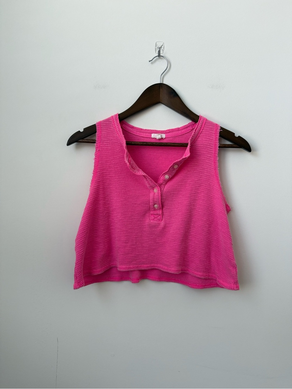 Aerie Pink Waffle Knit Crop Tank Top Button Front Casual Size Small